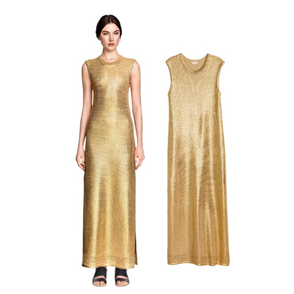 H&M Silk Blend Lamier Maxi Length Gold Metallic Knit Vest Dress W/ Side Slits